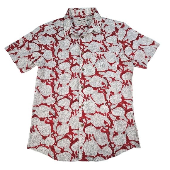 fabindia Other - Fabindia Slim Fit Floral Hand Block Print Shirt Men's XS Red White Cotton India